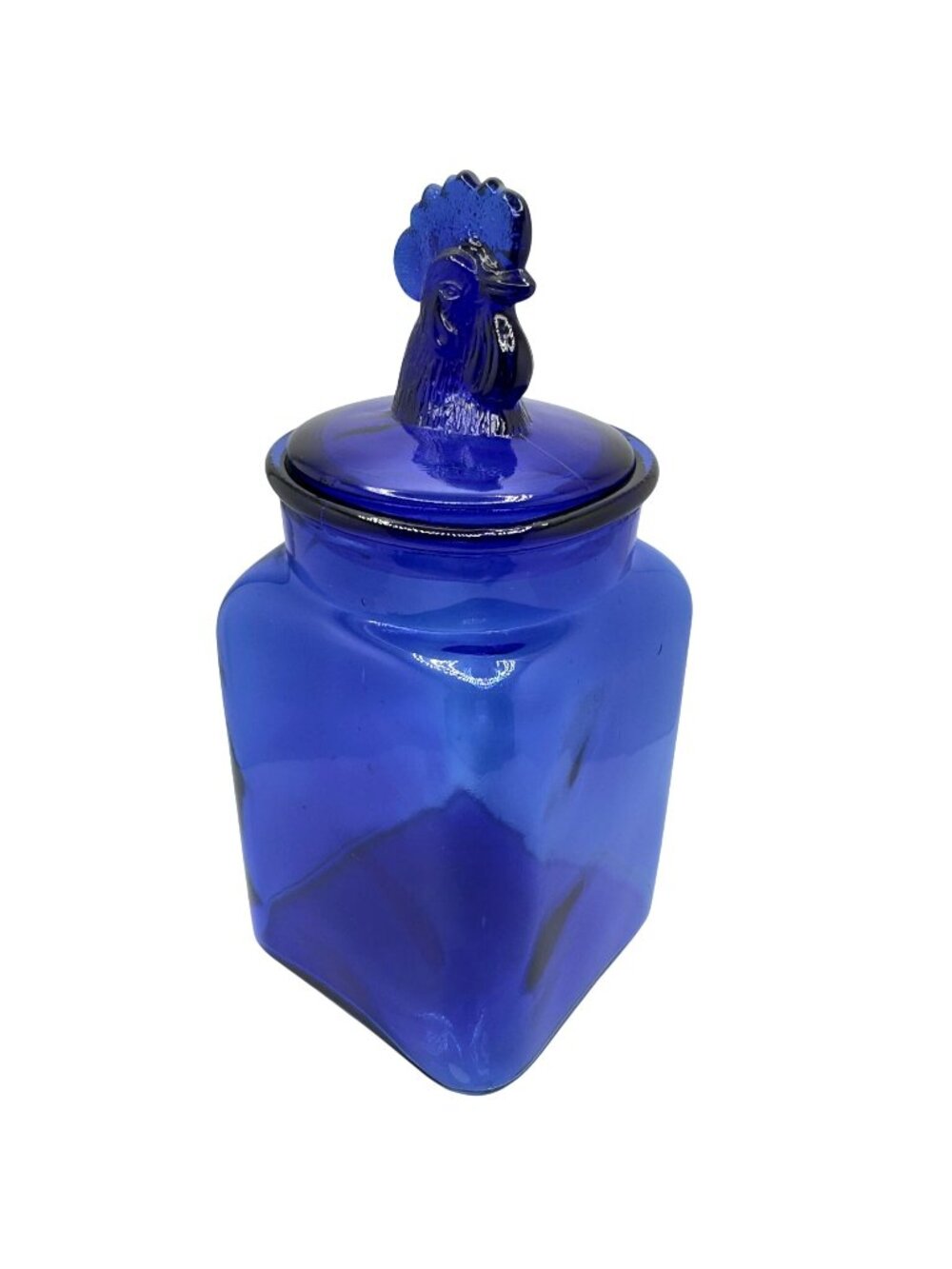 Vtg Cobalt Blue Glass Apothecary Jar Rooster Lid Decorative Storage Canister